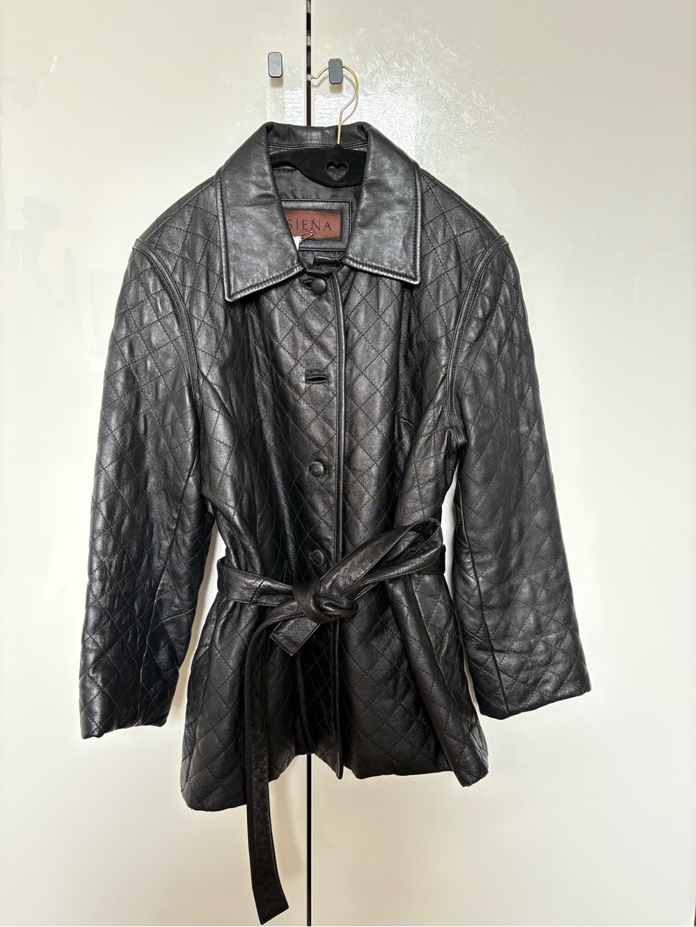 Vintage Black Quilted Leather Belted Jacket